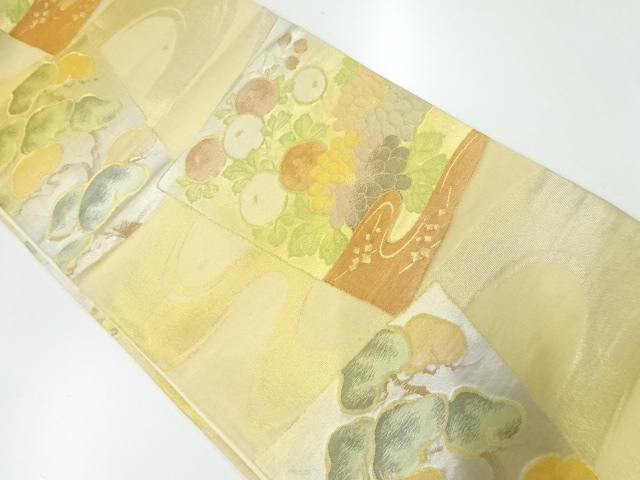 JAPANESE KIMONO / ANTIQUE FUKURO OBI / SILK / WOVEN SHIKISHI & PINE & KIKU